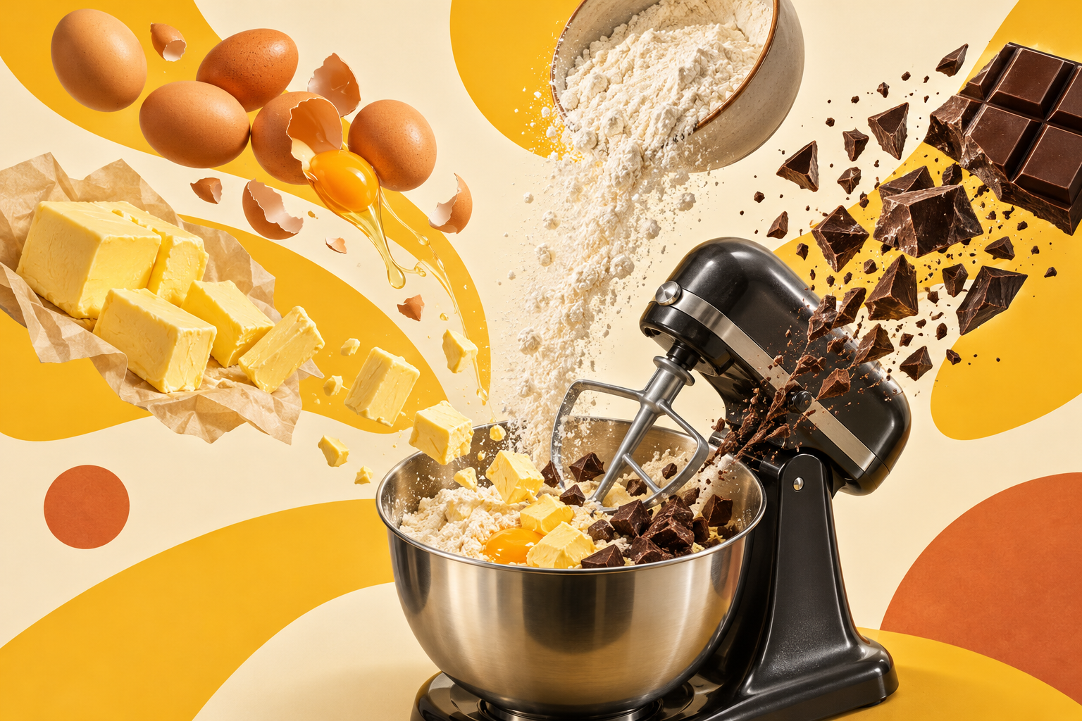Farm fresh eggs, golden European butter, Belgian chocolate chunks and unbleached flour flowing into a black stand mixer